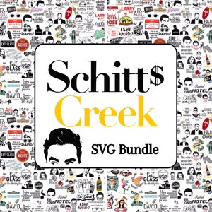 May include: A black and yellow graphic with the text "Schitt's Creek SVG Bundle". The graphic is surrounded by a white background with a pattern of black and white illustrations of characters and quotes from the TV show "Schitt's Creek".