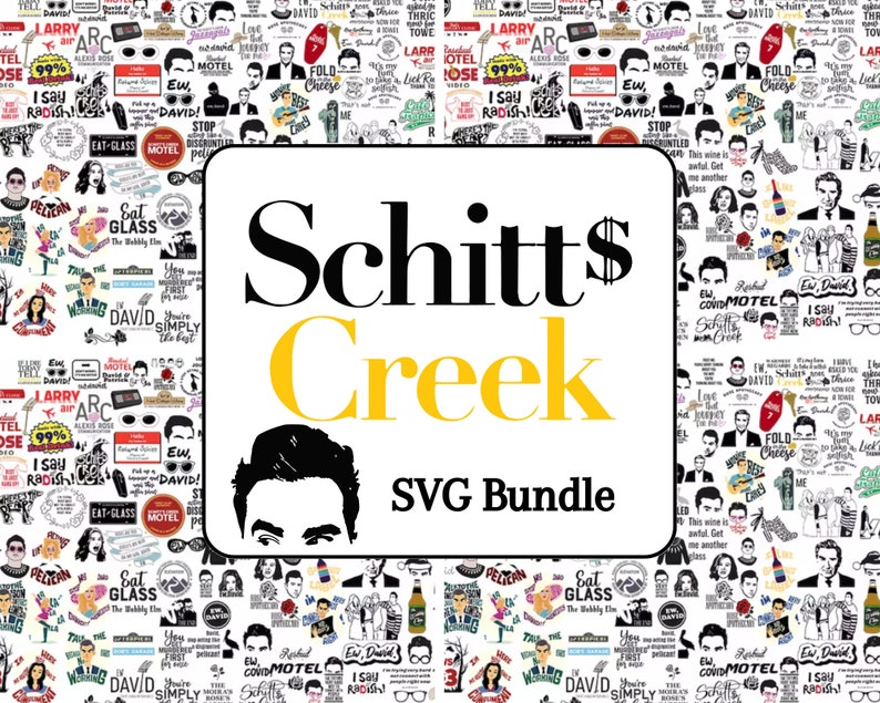 May include: A black and yellow graphic with the text "Schitt's Creek SVG Bundle". The graphic is surrounded by a white background with a pattern of black and white illustrations of characters and quotes from the TV show "Schitt's Creek".