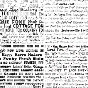 May include: A black and white image featuring a range of fonts, each displaying a different city name. The fonts are all handwritten and have a distinctive style. The city names include Austin, Baltimore, California, Charlotte, Cleveland, Dallas, Detroit, Eugene, Fort Collins, Fort Worth, Hayward, Indianapolis, Jacksonville, Kansas, Lakewood, Long Beach, Los Angeles, Memphis, Milwaukee, Nashville, New Haven, New Orleans, Oklahoma, Pasadena, Phoenix, Portland, San Diego, San Francisco, Savannah, Seattle, Springfield, St. Lucie, Topeka, Warren, Washington, and many more.