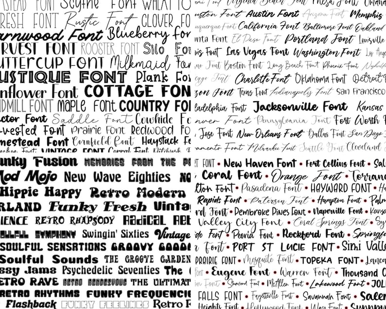 May include: A black and white image featuring a range of fonts, each displaying a different city name. The fonts are all handwritten and have a distinctive style. The city names include Austin, Baltimore, California, Charlotte, Cleveland, Dallas, Detroit, Eugene, Fort Collins, Fort Worth, Hayward, Indianapolis, Jacksonville, Kansas, Lakewood, Long Beach, Los Angeles, Memphis, Milwaukee, Nashville, New Haven, New Orleans, Oklahoma, Pasadena, Phoenix, Portland, San Diego, San Francisco, Savannah, Seattle, Springfield, St. Lucie, Topeka, Warren, Washington, and many more.