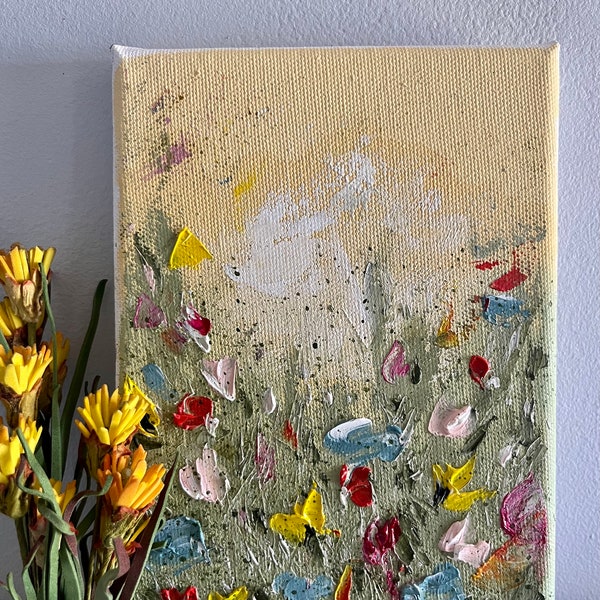 Abstract Pastel Wildflower Field Original Oil Painting 5x7 Canvas