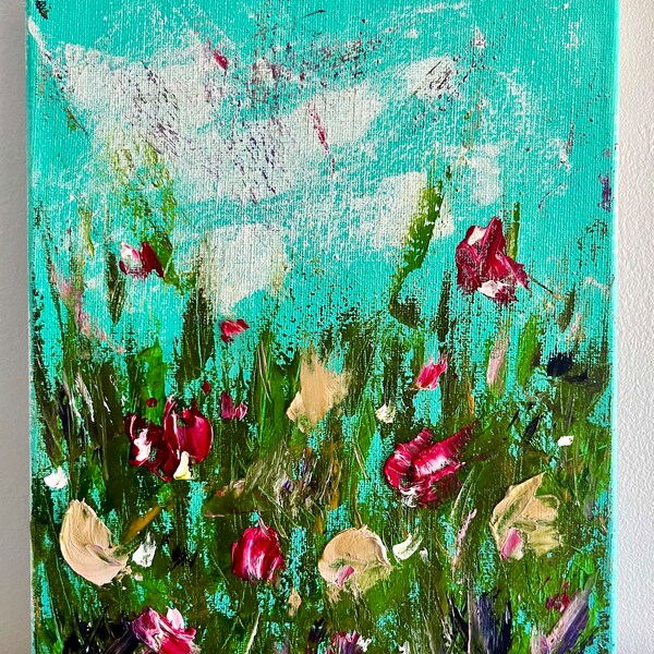 Abstract Teal Vibrant Flower Field Original Oil Painting 8x10 Canvas
