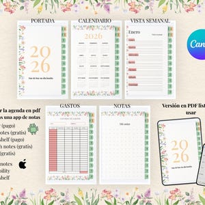 Puede incluir: Páginas de planificador digital para 2026 con detalles florales. Incluye calendario, vista semanal, control de gastos y páginas de notas. La portada muestra "2026" en un tono naranja suave. Adecuado para uso digital en tabletas.