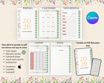 Agenda Digital 2026 Floral, Agenda Interactiva para Tablet y Móvil, Planificador Semanal PDF, Control de Gastos, Notas.