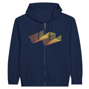 Puede incluir: Una sudadera con capucha azul marino con cremallera y un diseño geométrico abstracto amarillo y naranja en la parte delantera.