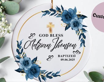 Adorno de bautismo personalizado: Regalo de bautizo de cerámica con diseño floral personalizado