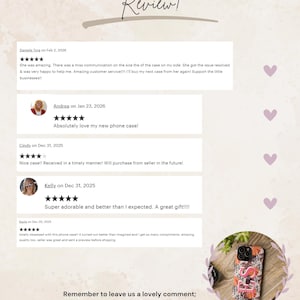 May include: A product review page with customer testimonials. The page features a floral phone case with the initials "FS". The text "Review!" is at the top. The page includes customer reviews with star ratings and comments.