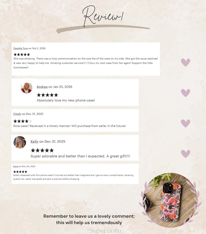May include: A product review page with customer testimonials. The page features a floral phone case with the initials "FS". The text "Review!" is at the top. The page includes customer reviews with star ratings and comments.