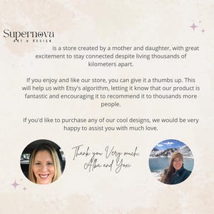 May include: A promotional image for Supernova Art & Design, featuring text about the store's origin and a thank you message. Includes photos of the store owners, Alba and Yoxi, and a thumbs up call to action.