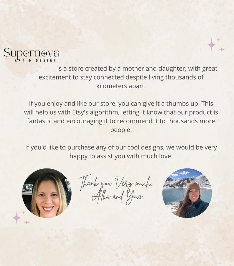 May include: A promotional image for Supernova Art & Design, featuring text about the store's origin and a thank you message. Includes photos of the store owners, Alba and Yoxi, and a thumbs up call to action.