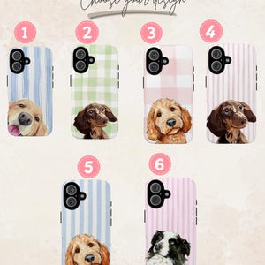 May include: Phone cases with dog designs. The cases feature different dog breeds, including a Golden Retriever, Dachshund, and Goldendoodle, with various background patterns like stripes and gingham. The text "Choose your design" is at the top.