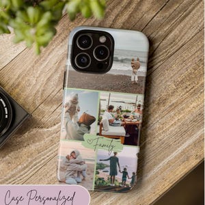 May include: A personalized phone case with a collage of family photos. The case has a white background with a green border around each photo. The photos show a family at the beach, a family at a restaurant, and a family on a hike. The case also has the word "Family" written on it in cursive.