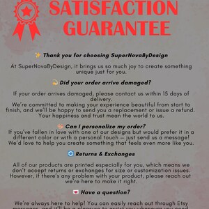 May include: A graphic with a red star and the text "Satisfaction Guarantee" in white. The text below explains the shop's return and exchange policies, as well as their commitment to customer satisfaction.