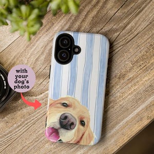 May include: A phone case featuring a watercolor illustration of a Golden Retriever dog with its tongue out. The case has a blue and white striped background and the text "with your dog's photo".