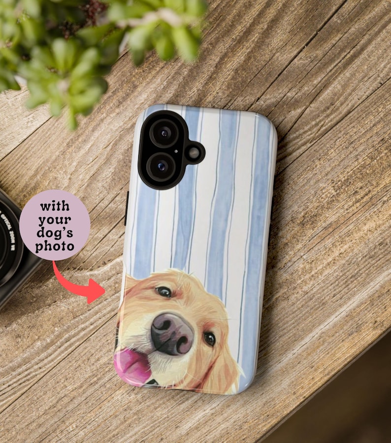 May include: A phone case featuring a watercolor illustration of a Golden Retriever dog with its tongue out. The case has a blue and white striped background and the text "with your dog's photo".