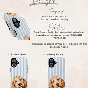 May include: Phone cases with a dog illustration and blue and white stripes. The image shows a snap case and a tough case, both with a matte and glossy finish. The text on the image describes the case types and features.