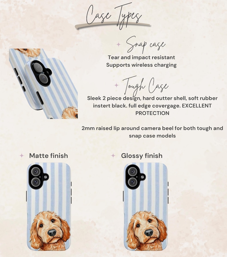 May include: Phone cases with a dog illustration and blue and white stripes. The image shows a snap case and a tough case, both with a matte and glossy finish. The text on the image describes the case types and features.