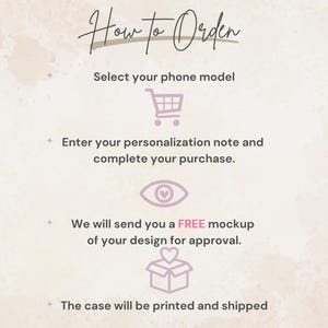 May include: A light beige graphic with the text "How to Order" and instructions for purchasing a phone case. The steps include selecting a phone model, entering a personalization note, and approving a design mockup.