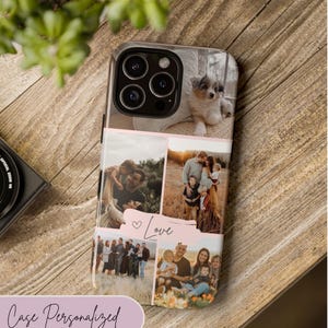 May include: A personalized phone case with a collage of family photos. The case has a pink and white design with the word "Love" written on it.