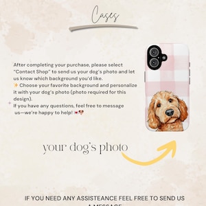 May include: A phone case with a pink gingham pattern and a watercolor portrait of a dog. The text "Cases" is at the top, and the words "your dog's photo" are below the case. The image also includes instructions.