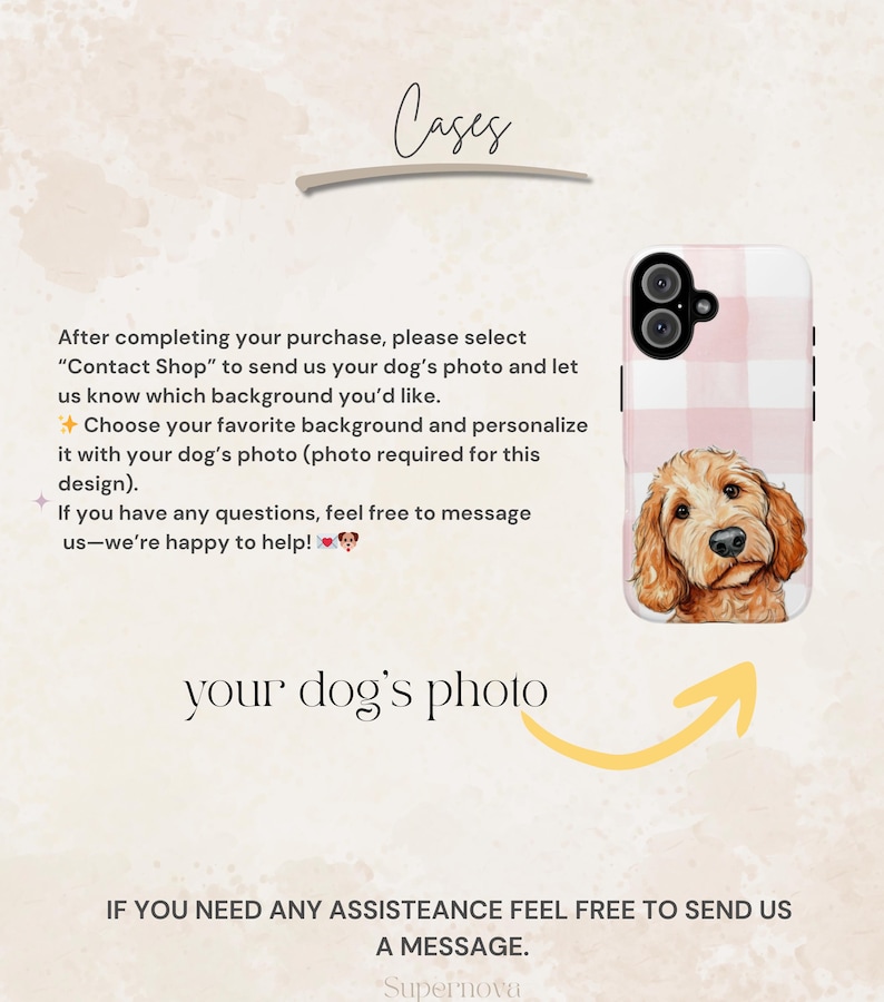 May include: A phone case with a pink gingham pattern and a watercolor portrait of a dog. The text "Cases" is at the top, and the words "your dog's photo" are below the case. The image also includes instructions.