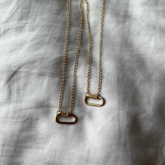Mini encrusted gold carabiner on dainty gold chain