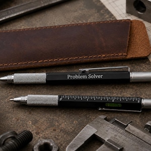 May include: Two black multi-functional pens with silver knurled grips, stylus tips, and pocket clips. One pen is engraved with the text "Problem Solver," while the other features a printed ruler and a small spirit level. A brown leather sleeve is included.