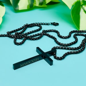 Custom Men's Cross Necklace | Engraved Cross Necklace | Cross Pendant | Black Steel Men's Necklace
