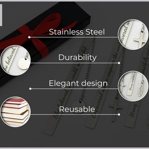 May include: A set of four silver bookmark chains with engraved inspirational quotes and charms. The bookmarks are packaged in a black box with a red ribbon. The quotes include "He believed", "She believed", "Empowered", and "Strong confident".