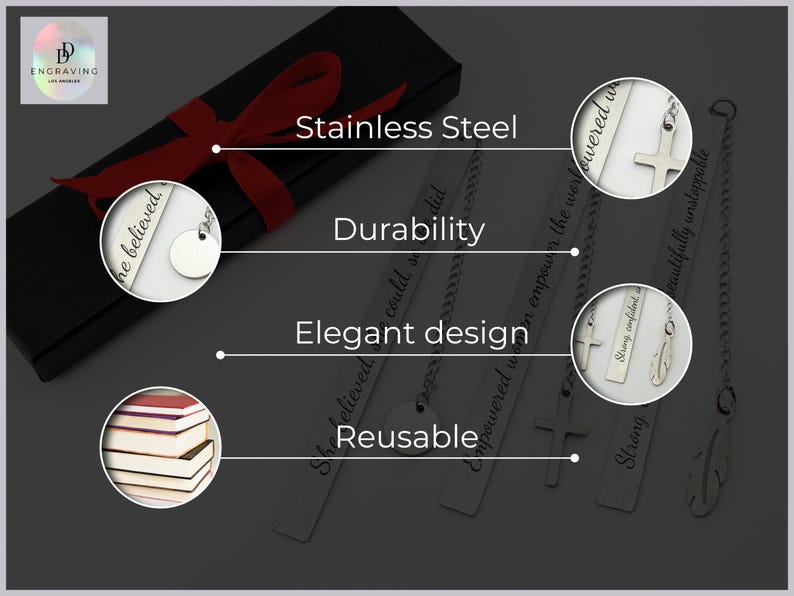 May include: A set of four silver bookmark chains with engraved inspirational quotes and charms. The bookmarks are packaged in a black box with a red ribbon. The quotes include "He believed", "She believed", "Empowered", and "Strong confident".