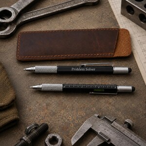 May include: Two black multi-functional pens with silver accents and stylus tips. One pen is engraved with the text "Problem Solver," while the other features a printed ruler and a small spirit level. A brown leather sleeve is positioned above the pens.