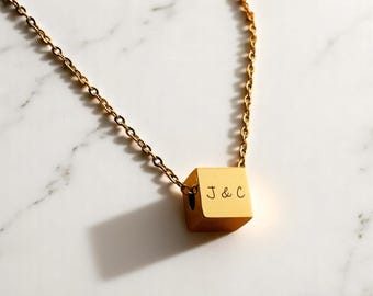 Personalised 3D Gold Cube Necklace for Her, Customized Charm Matching Necklace, Tiny Cube Necklace Soulmate Necklace, Custom Lovers Necklace