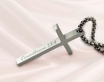 Engraved Cross Necklace For Men, Custom Bible Verse and Name Engraving, Christian Necklace, Baptism necklace, Religious Necklace Cross