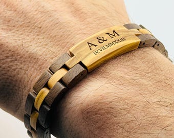 Engraved Wooden Bracelet – Personalized Men's Wristband, Custom Name Bracelet for Him, Gift from Son or Daughter