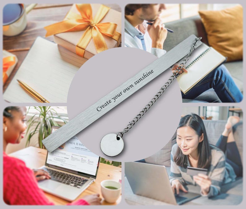 May include: Silver bookmark with a chain and a round charm. The bookmark is engraved with the text "Create your own sunshine".