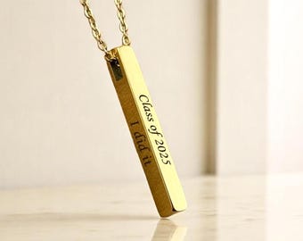 Personalized Class of 2026 Necklace, Custom Engraved 3D Bar Pendant, Graduation Gift High School College