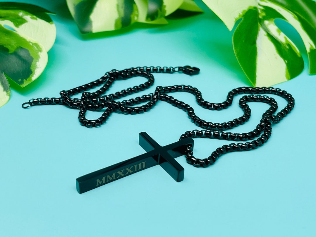 Custom Men's Cross Necklace Engraved Cross Necklace Cross Pendant Black
