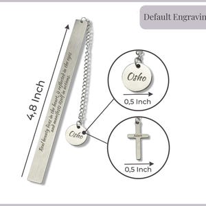 May include: Silver bookmark with a quote about beauty and a chain with a round charm. The bookmark is 4.8 inches long and the charm is 0.5 inches in diameter. The charm can be personalized with a name or a short message.