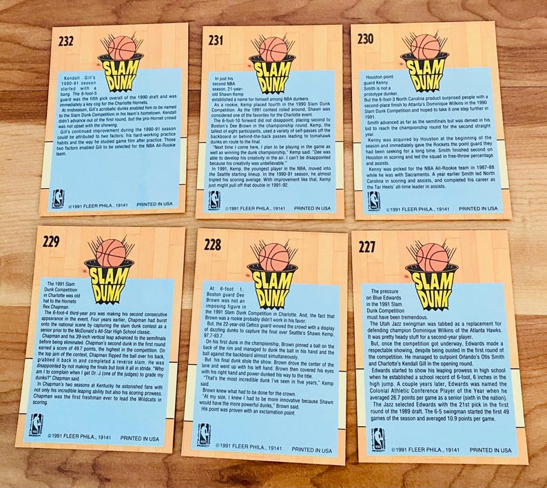 Puede incluir: Seis tarjetas de baloncesto coleccionables vintage con el logotipo "Slam Dunk" e informaci&oacute;n del jugador. Cada tarjeta tiene un gr&aacute;fico de baloncesto y un n&uacute;mero &uacute;nico. Impreso en EE. UU.