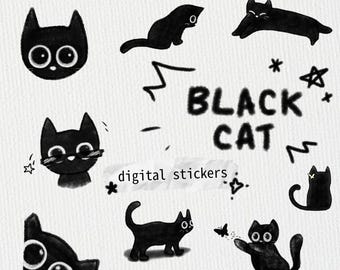 black cat hand-drawn digital stickers| PNGs, goodnotes stickers, cute cat stickers