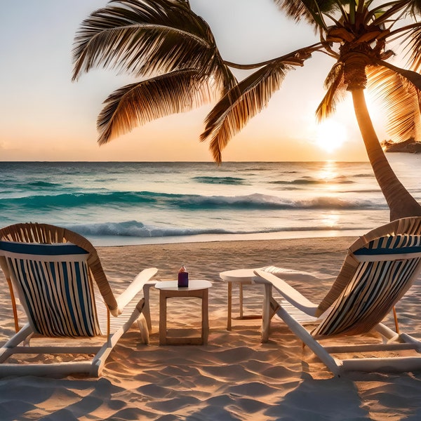 Tranquil Cancun Sunset Beach Print - Tropical Home Decor with Beach Chairs & Palm Tree. ai created