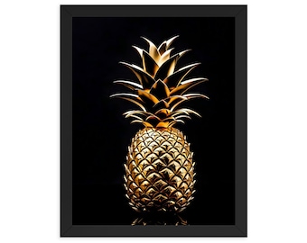 May include: A golden pineapple with a black background. The pineapple is a tropical fruit with a spiky top and a textured skin.