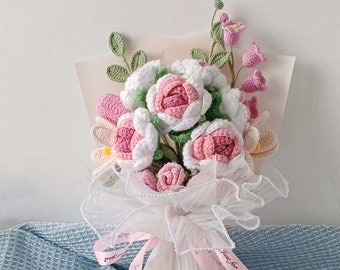Fleur rose rose à tricoter en laine, fleurs tricotées à la main, cadeau de Noël, bonnet pour elle, fleurs au crochet à la main, cadeau pour petite amie