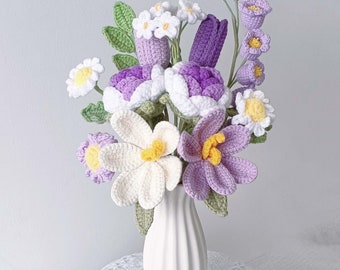 crochet flowers,knitted purple bouquets,knitted roses,tulips,daisy,home decoration,Valentine's Day,Christmas gifts(no vase)