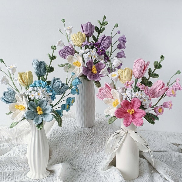 Gehäkelte Tulpen Strauß, Muttertagsgeschenk,Strickblumen,Maiglöckchen,Handgefertigte Blumen(ohne Vase)