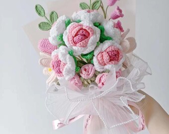 Fiore di rosa rosa lavorato a maglia di lana, tulipani all'uncinetto, fiori lavorati a mano, regalo per la festa della mamma
