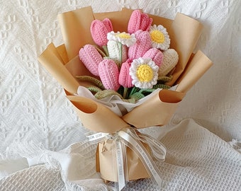 Fleur de tulipe à tricoter en laine, bouquet au crochet, fleurs tricotées à la main, cadeau, gfit pour elle, fleurs au crochet à la main, cadeau d'anniversaire