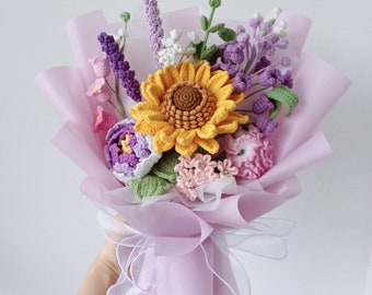 Crochet sunflower bouquet, Lavender,rose,knitted lily of the valley,handmade flowers