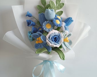 Fleur rose bleue à tricoter en laine, fleurs tricotées à la main, cadeau de Noël, bonnet pour elle, fleurs au crochet à la main, cadeau pour petite amie