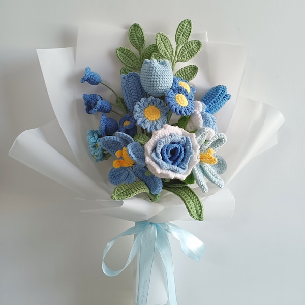 Fleur rose bleue à tricoter en laine, fleurs tricotées à la main, cadeau de Noël, bonnet pour elle, fleurs au crochet à la main, cadeau pour petite amie